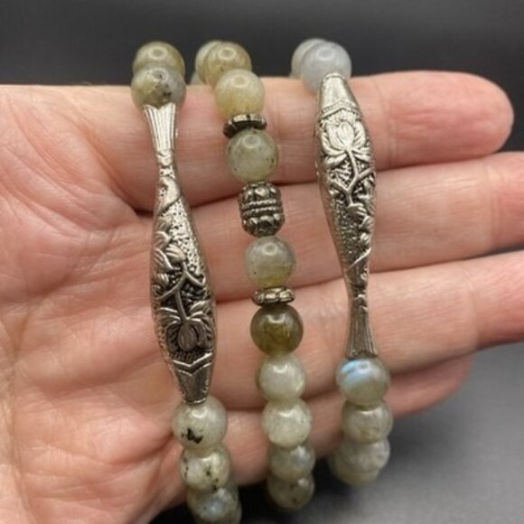 Set 3 Natural Labradorite 8 mm Stretch Bracelets Silver Tone Koi Fish Tube Bead - Picture 1 of 13